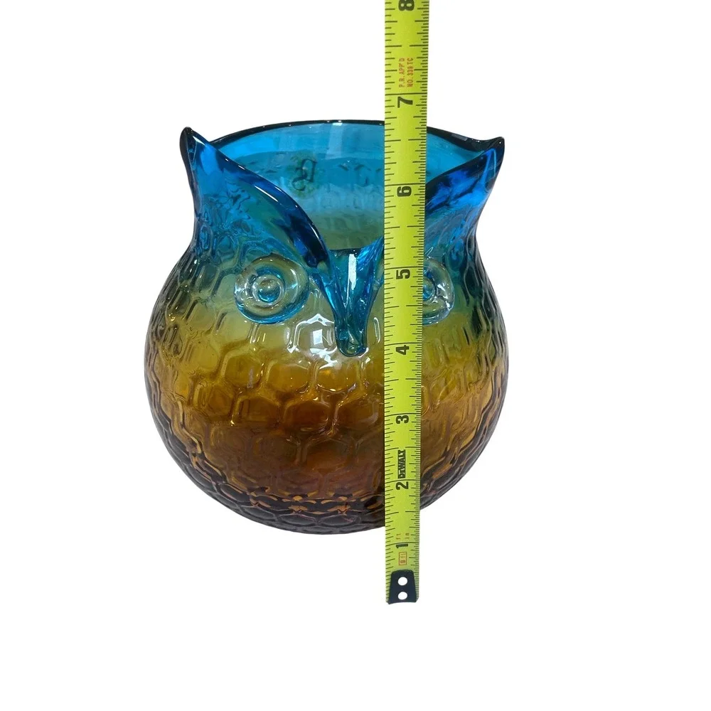 Art Glass Owl Vase Ombre Blue Amber Honeycomb Texture Hand Blown 7 Inch